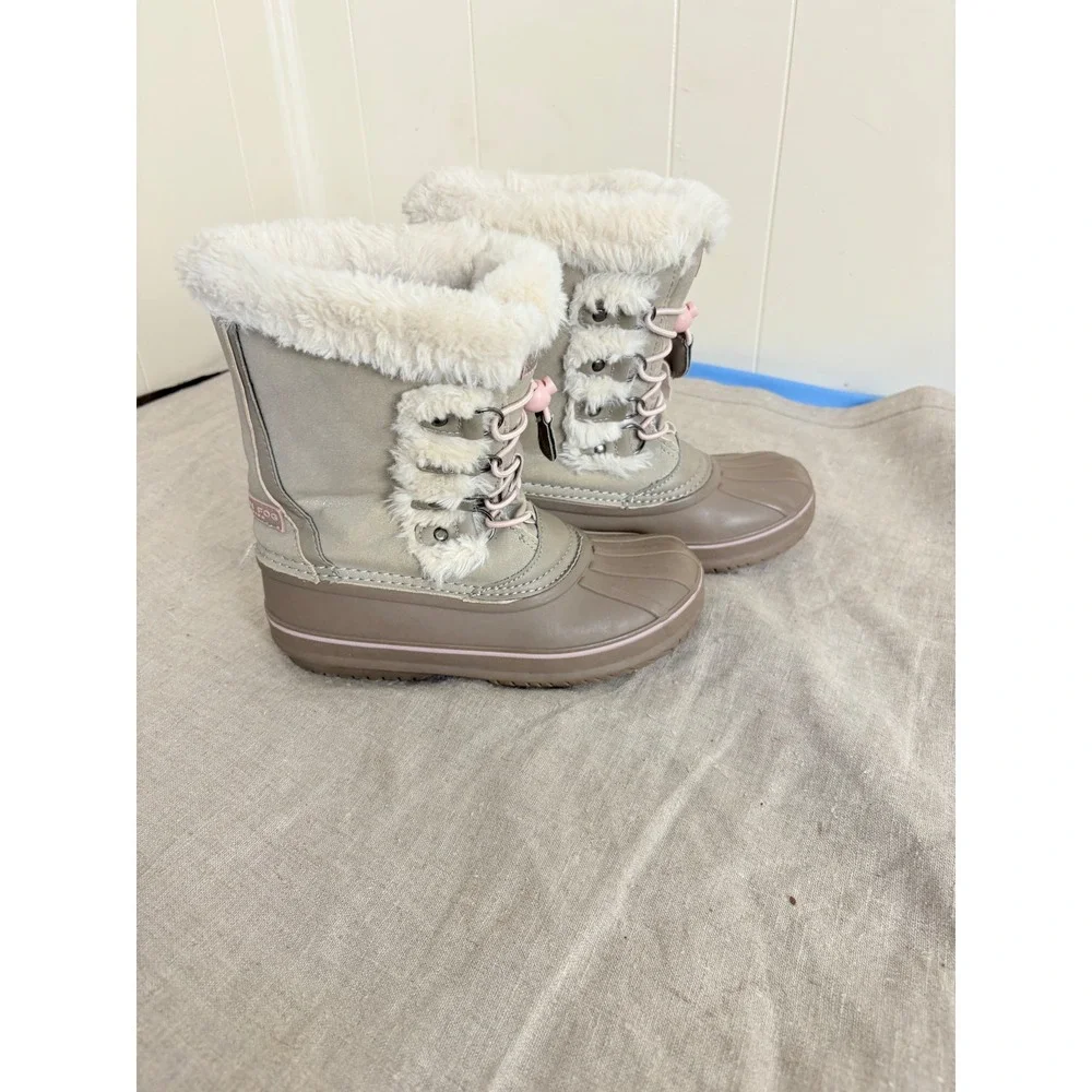 London Fog Hackney Kids Shimmer Faux Fur Snow Boots Tan Pink Size 2 FNF1950